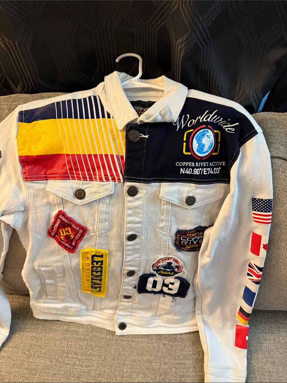 Copper Rivet Active Men White Denim Jacket with Multicolor Flag Patches